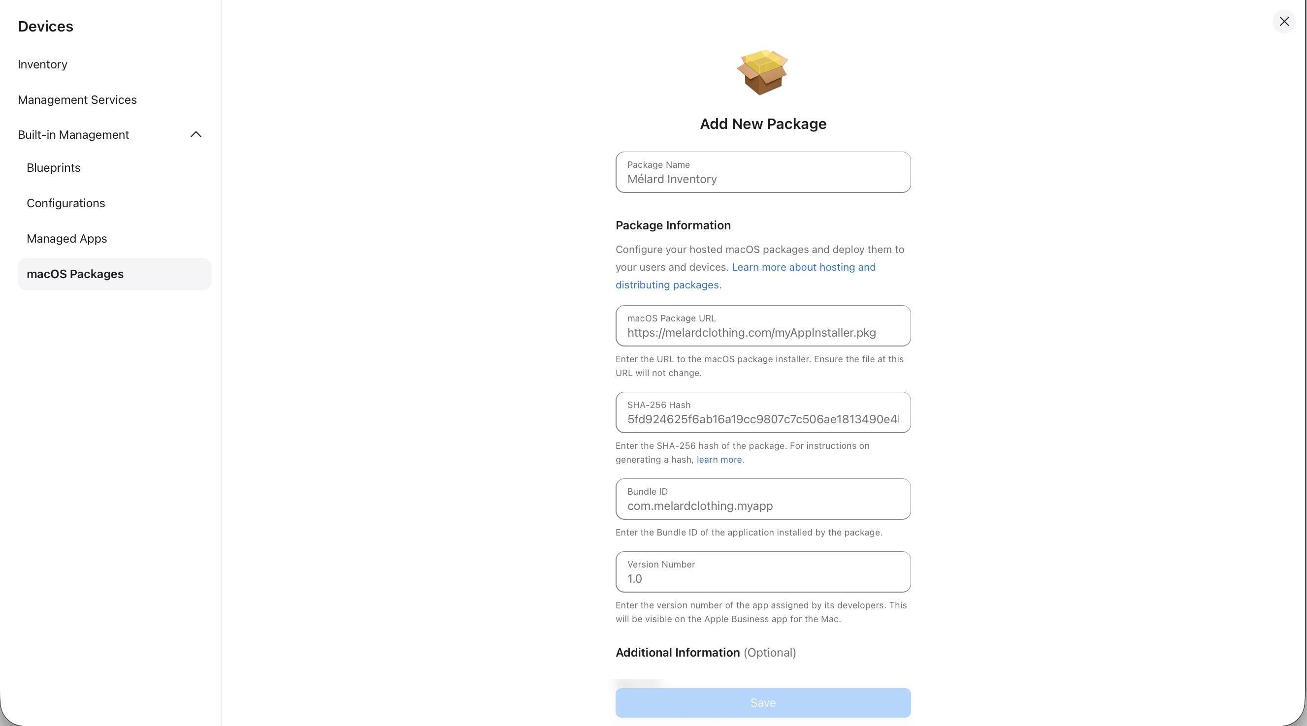 ABM’s Add New Package form with fields for package name, macOS package URL, SHA-256 hash, bundle ID, and version number