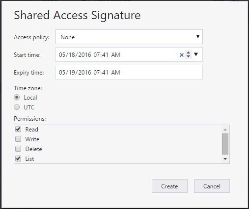 Storage Explorer’s Shared Access Signature dialog with expiry time and permission checkboxes
