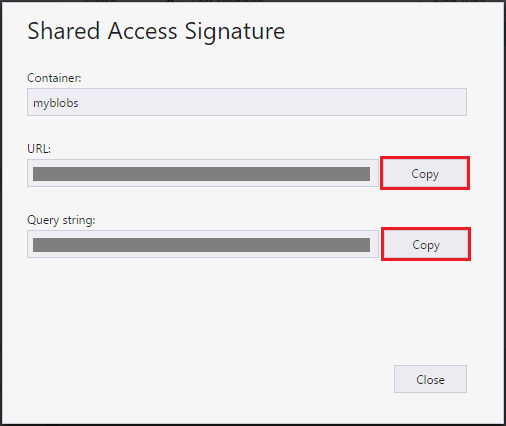 The Shared Access Signature result dialog with Copy buttons for the URL and the query string
