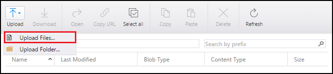 Storage Explorer’s Upload drop-down with Upload Files selected